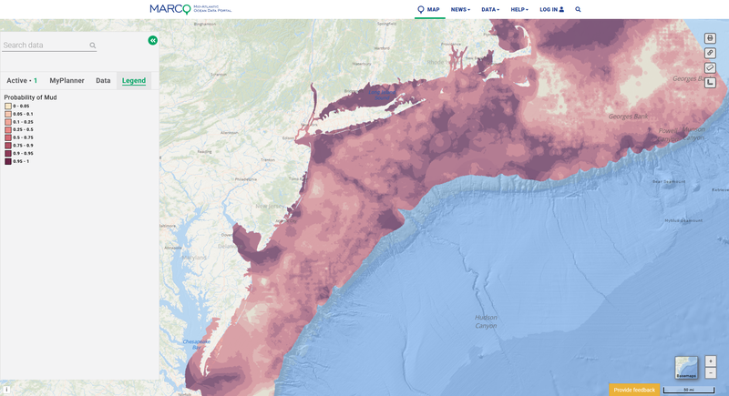 A map depicting the probability of mud along seafloor areas.