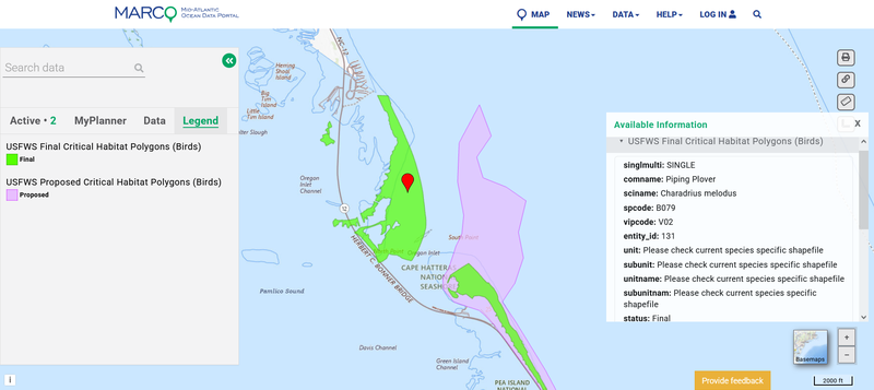 A map showing proposed and final USFWS critical habitat areas in Cape Hatteras, N.C.